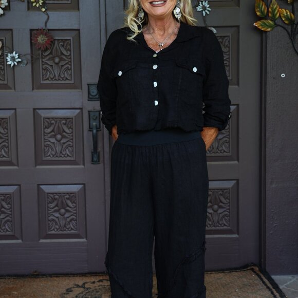 NWT Look Mode Black Raw Edge Cropped Linen Jacket - Picture 5 of 5